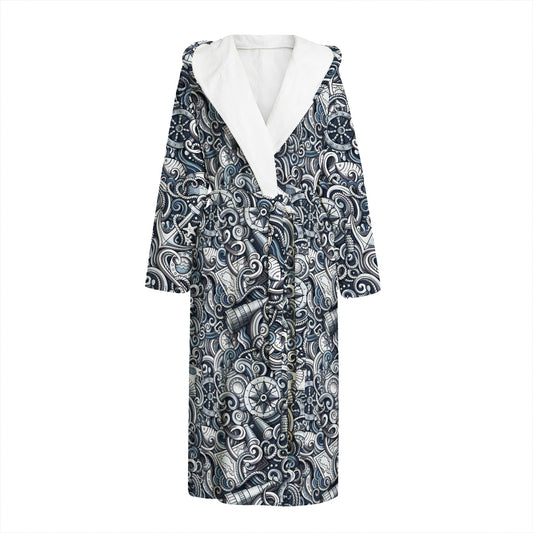 Abstract Nautical Anchor Pattern Print Hooded Bathrobe
