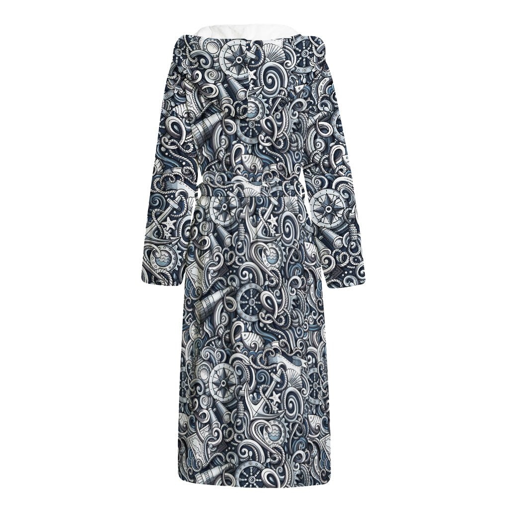 Abstract Nautical Anchor Pattern Print Hooded Bathrobe
