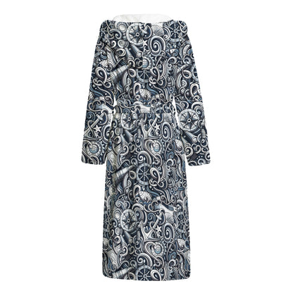 Abstract Nautical Anchor Pattern Print Hooded Bathrobe