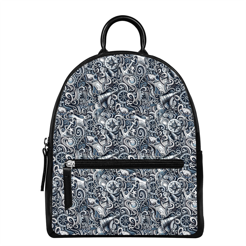 Abstract Nautical Anchor Pattern Print Leather Backpack