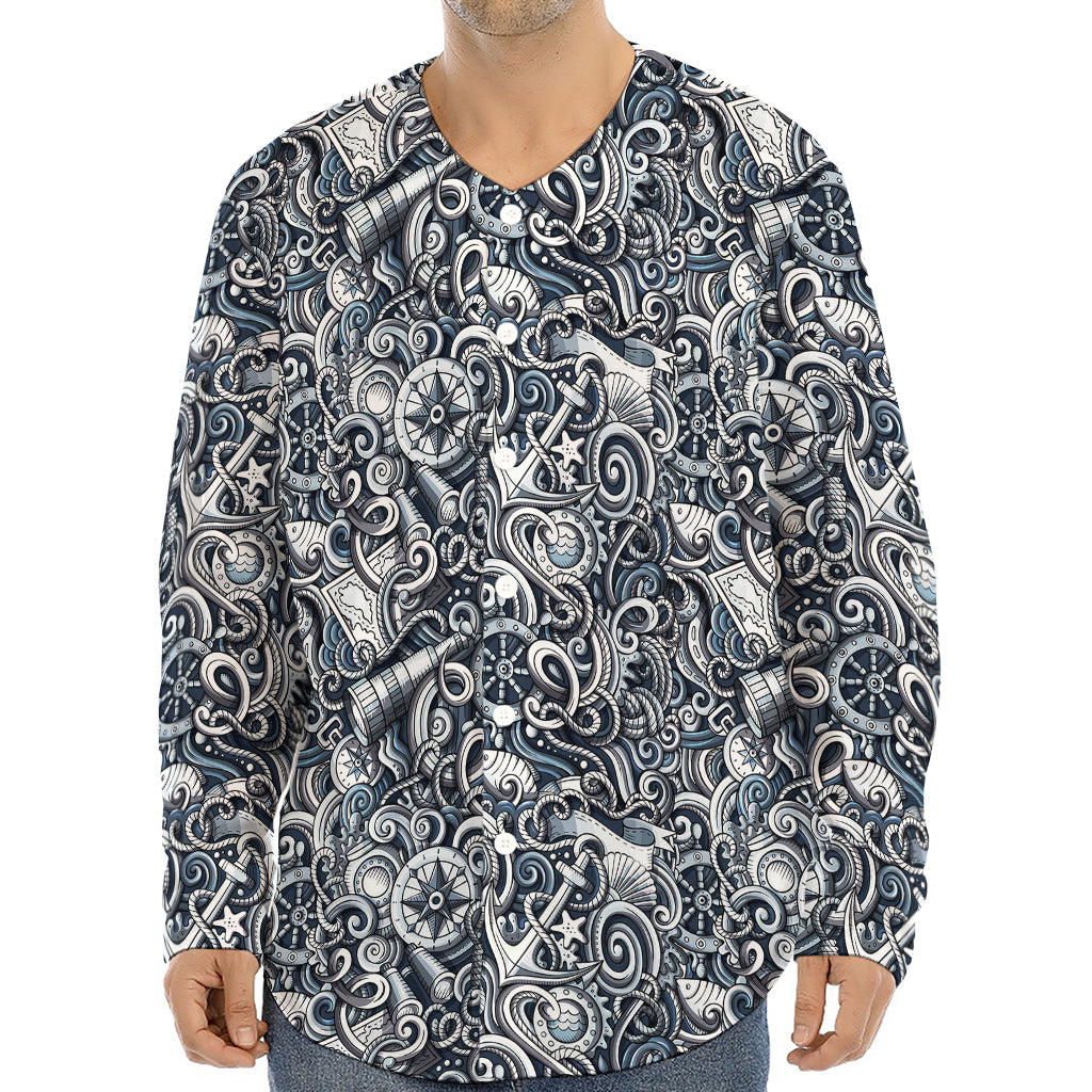 Abstract Nautical Anchor Pattern Print Long Sleeve Baseball Jersey