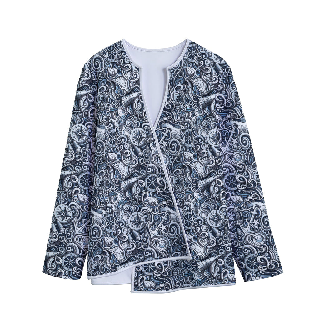 Abstract Nautical Anchor Pattern Print Long Sleeve Short Coat
