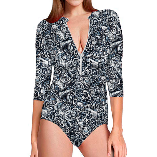 Abstract Nautical Anchor Pattern Print Long Sleeve Swimsuit