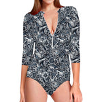 Abstract Nautical Anchor Pattern Print Long Sleeve Swimsuit