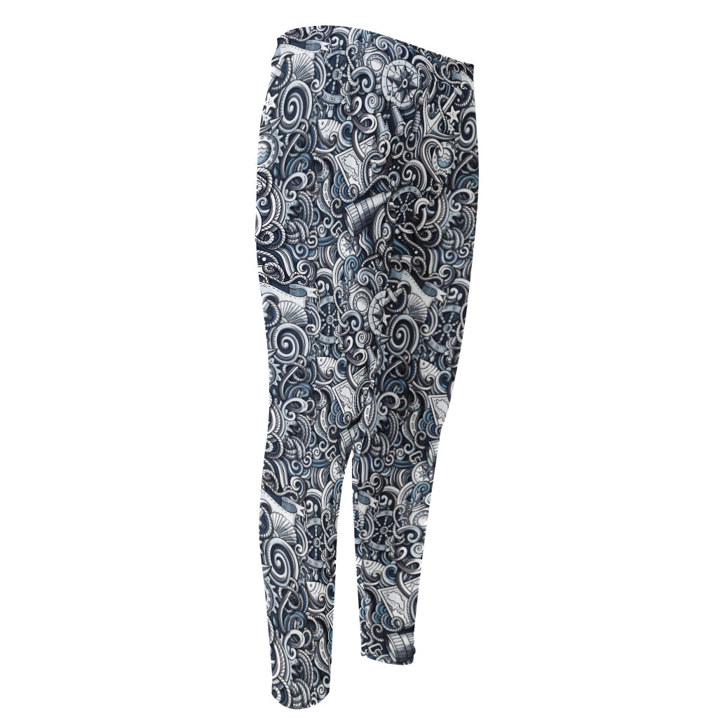 Abstract Nautical Anchor Pattern Print Men's Compression Pants