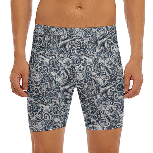 Abstract Nautical Anchor Pattern Print Men's Long Boxer Briefs