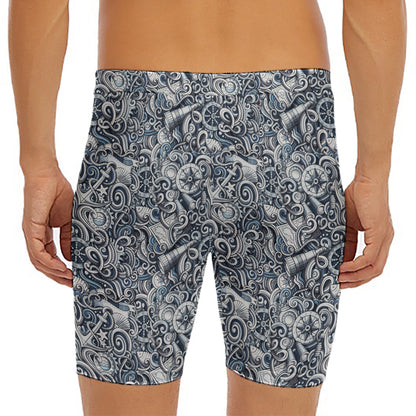 Abstract Nautical Anchor Pattern Print Men's Long Boxer Briefs