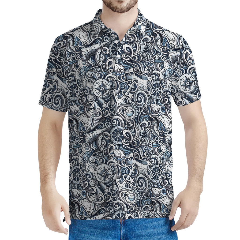 Abstract Nautical Anchor Pattern Print Men's Polo Shirt