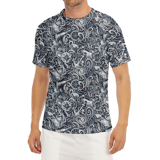 Abstract Nautical Anchor Pattern Print Men's Short Sleeve Rash Guard