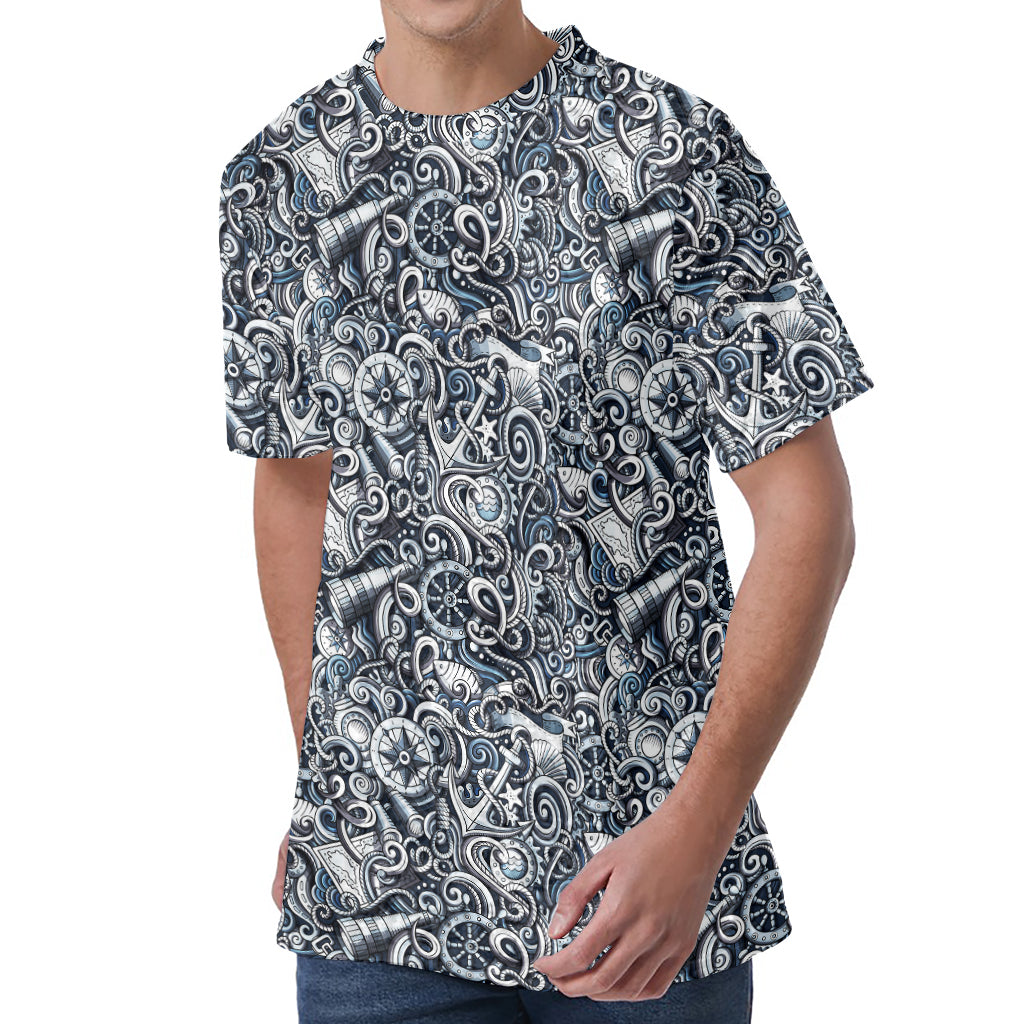 Abstract Nautical Anchor Pattern Print Men's Velvet T-Shirt