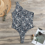 Abstract Nautical Anchor Pattern Print One Shoulder Bodysuit