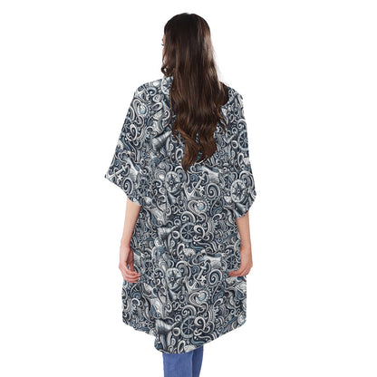 Abstract Nautical Anchor Pattern Print Open Front Beach Cover Up