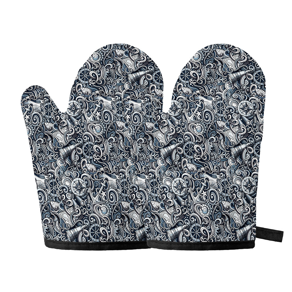 Abstract Nautical Anchor Pattern Print Oven Mitts