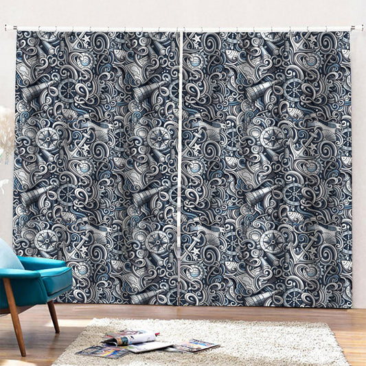 Abstract Nautical Anchor Pattern Print Pencil Pleat Curtains