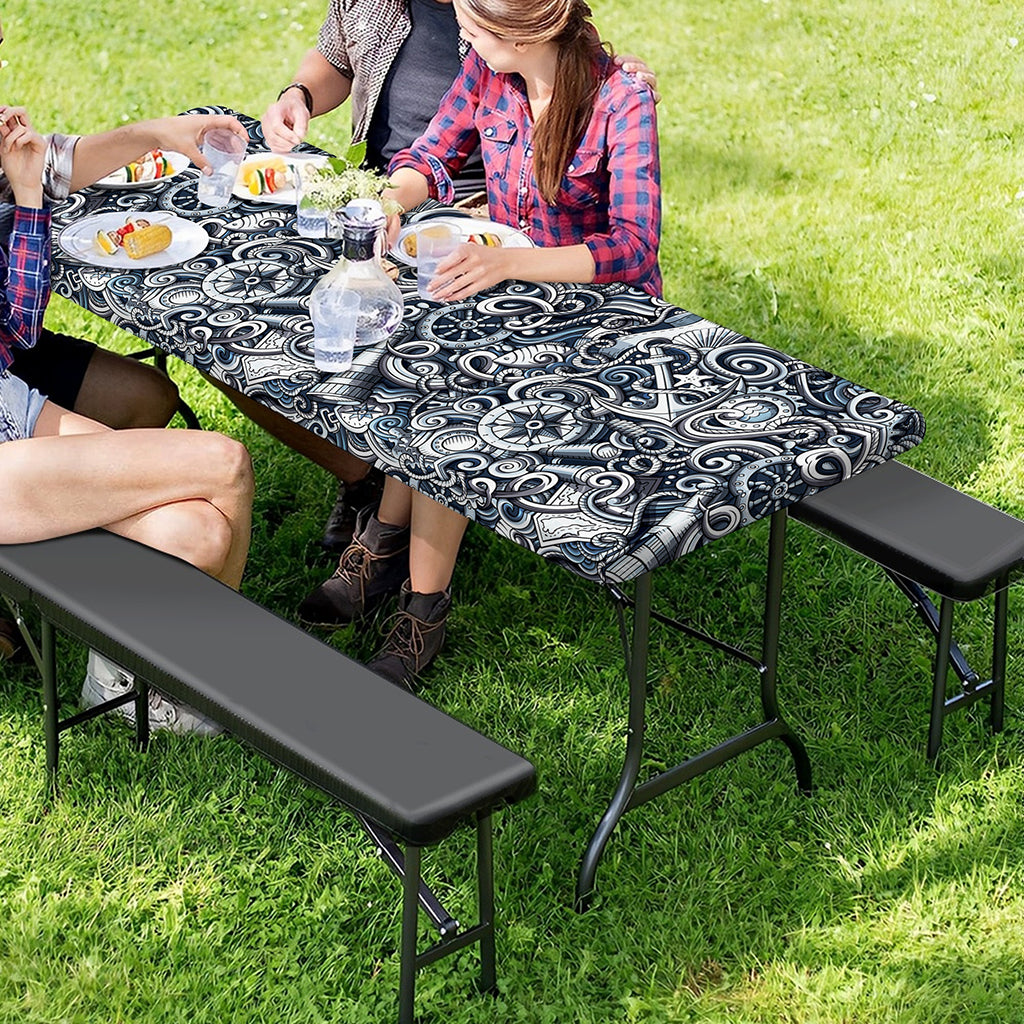 Abstract Nautical Anchor Pattern Print Picnic Table Cover