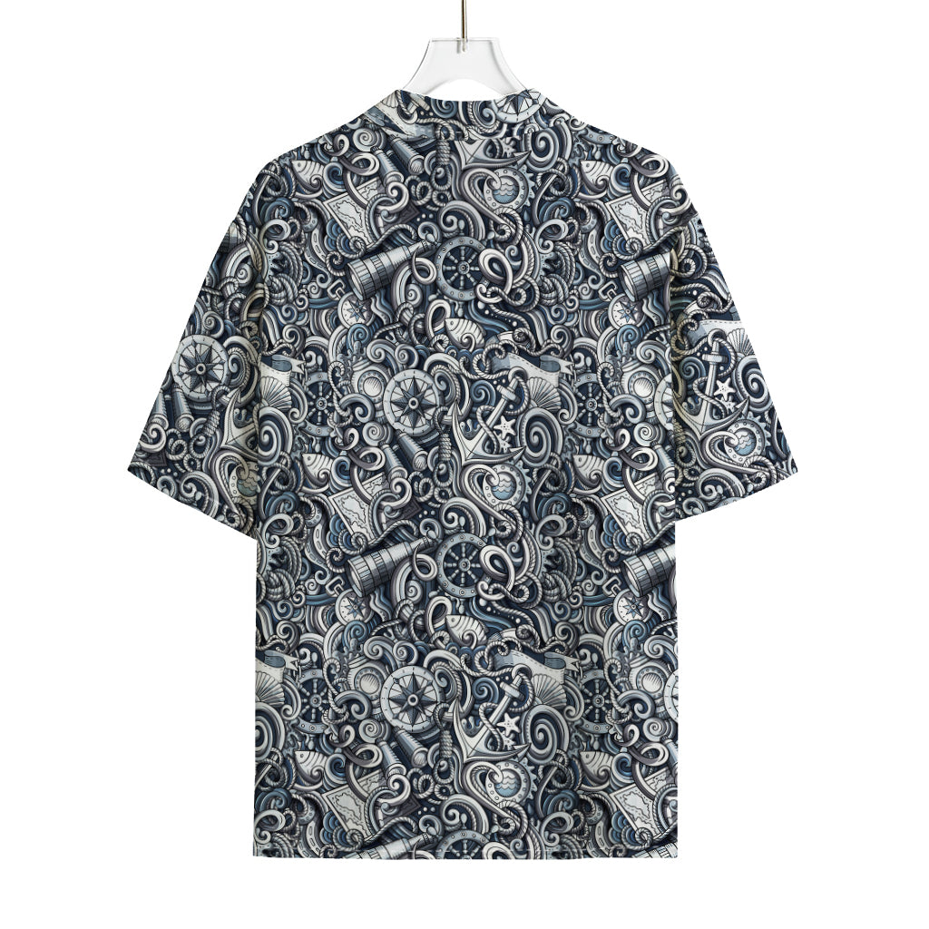 Abstract Nautical Anchor Pattern Print Rayon Hawaiian Shirt