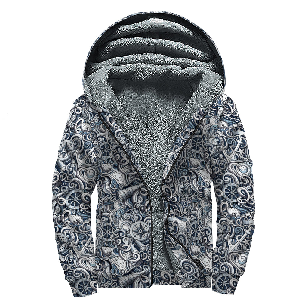 Abstract Nautical Anchor Pattern Print Sherpa Lined Zip Up Hoodie