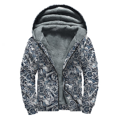 Abstract Nautical Anchor Pattern Print Sherpa Lined Zip Up Hoodie