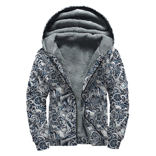 Abstract Nautical Anchor Pattern Print Sherpa Lined Zip Up Hoodie