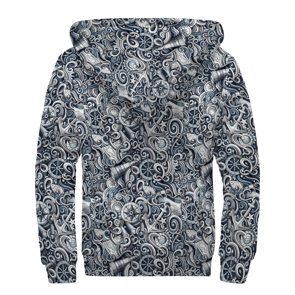 Abstract Nautical Anchor Pattern Print Sherpa Lined Zip Up Hoodie
