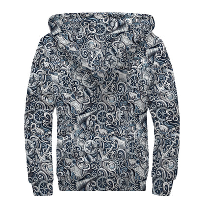 Abstract Nautical Anchor Pattern Print Sherpa Lined Zip Up Hoodie