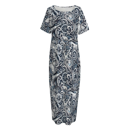Abstract Nautical Anchor Pattern Print Short Sleeve Long Nightdress