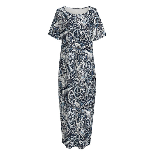 Abstract Nautical Anchor Pattern Print Short Sleeve Long Nightdress