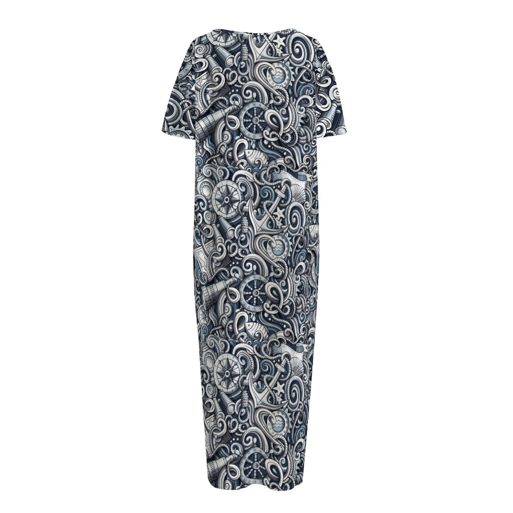 Abstract Nautical Anchor Pattern Print Short Sleeve Long Nightdress