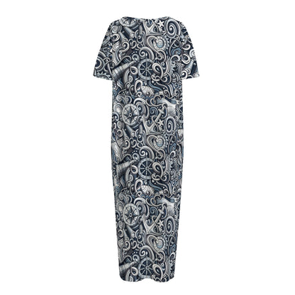 Abstract Nautical Anchor Pattern Print Short Sleeve Long Nightdress