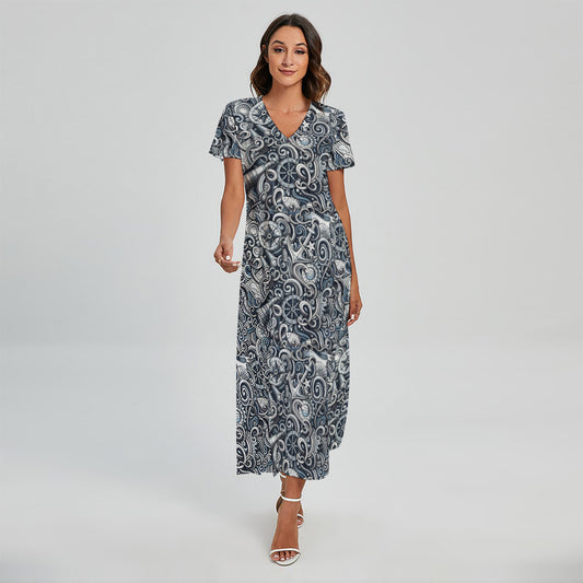 Abstract Nautical Anchor Pattern Print Short Sleeve Maxi Dress