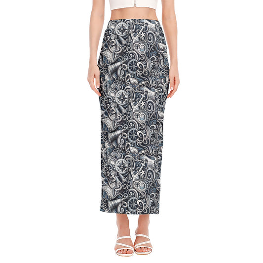 Abstract Nautical Anchor Pattern Print Side Slit Maxi Skirt