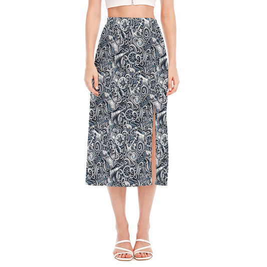 Abstract Nautical Anchor Pattern Print Side Slit Midi Skirt