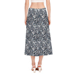 Abstract Nautical Anchor Pattern Print Side Slit Midi Skirt