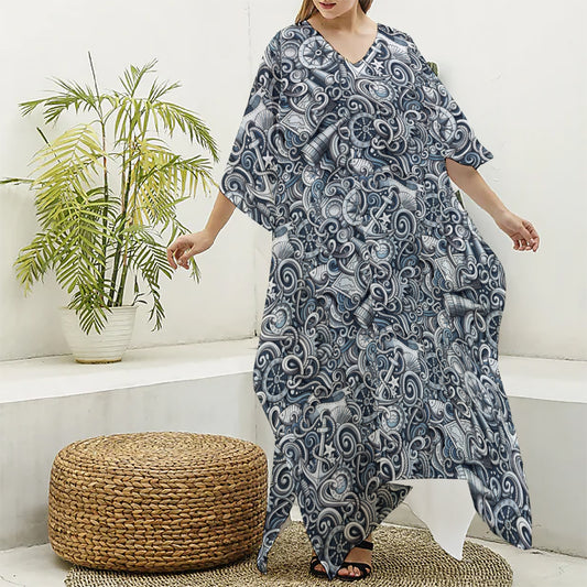 Abstract Nautical Anchor Pattern Print Silk V-Neck Kaftan Dress