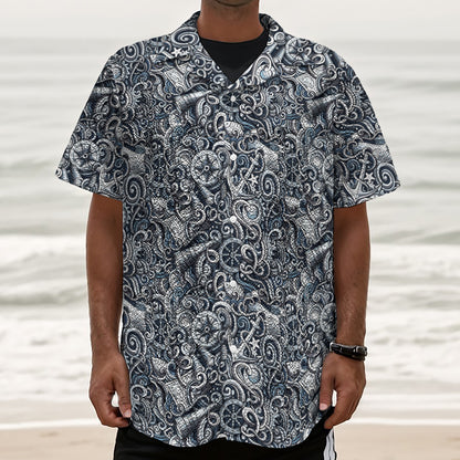 Abstract Nautical Anchor Pattern Print Textured Short Sleeve Shirt