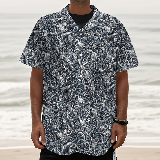 Abstract Nautical Anchor Pattern Print Textured Short Sleeve Shirt