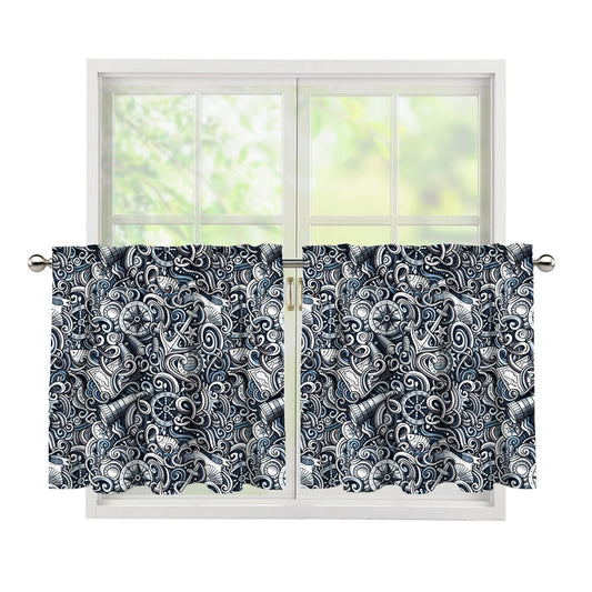 Abstract Nautical Anchor Pattern Print Tier Curtains