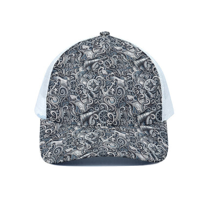 Abstract Nautical Anchor Pattern Print White Mesh Trucker Cap