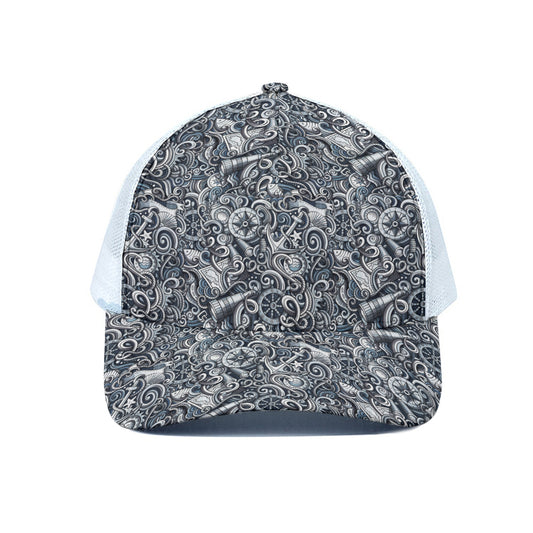 Abstract Nautical Anchor Pattern Print White Mesh Trucker Cap