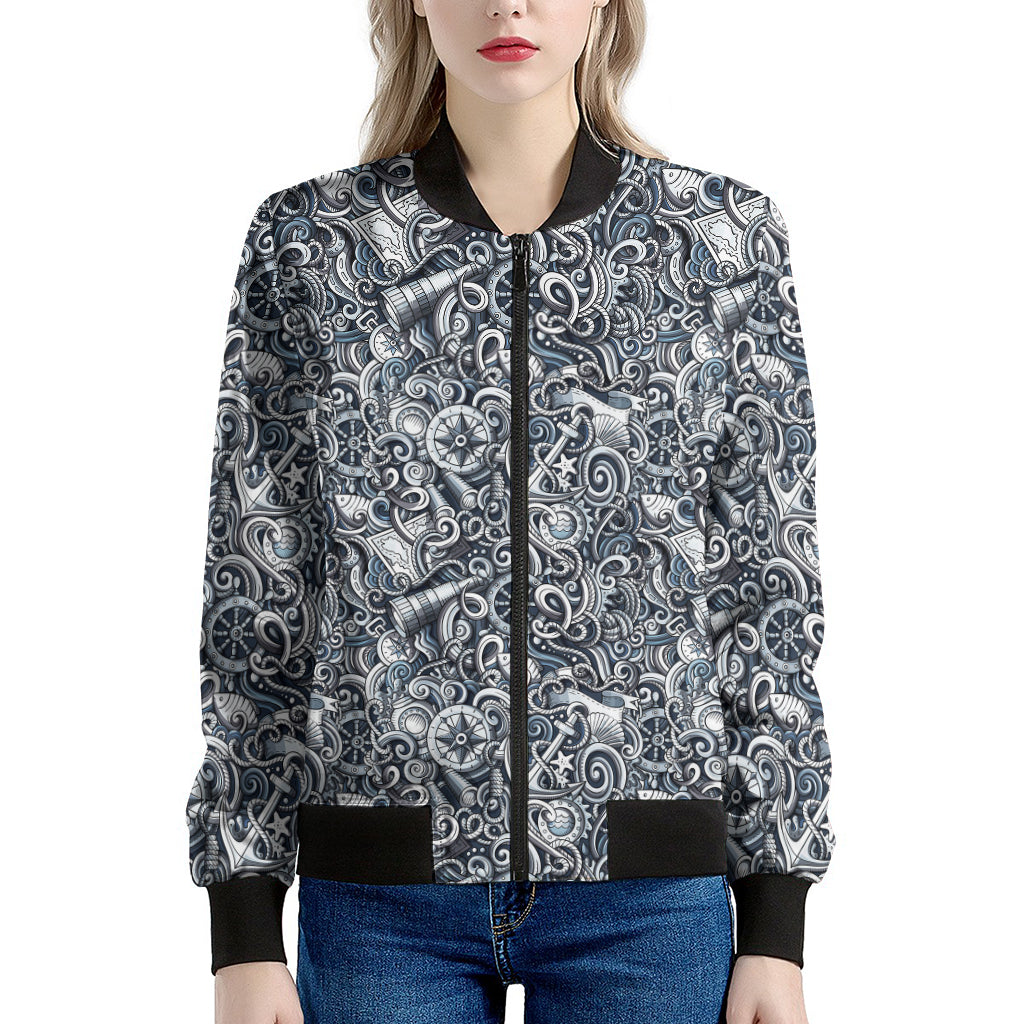 Abstract Nautical Anchor Pattern Print Women's Bomber Jacket