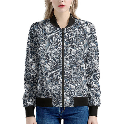 Abstract Nautical Anchor Pattern Print Women's Bomber Jacket