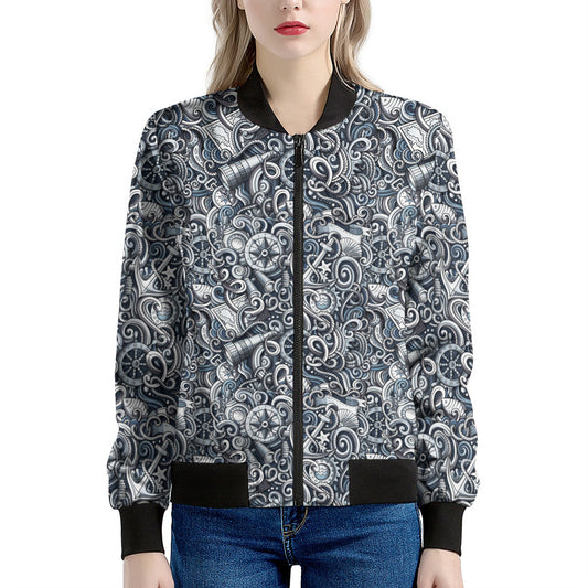 Abstract Nautical Anchor Pattern Print Women's Bomber Jacket