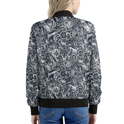 Abstract Nautical Anchor Pattern Print Women's Bomber Jacket