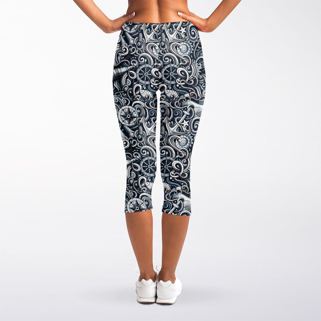 Abstract Nautical Anchor Pattern Print Women's Capri Leggings