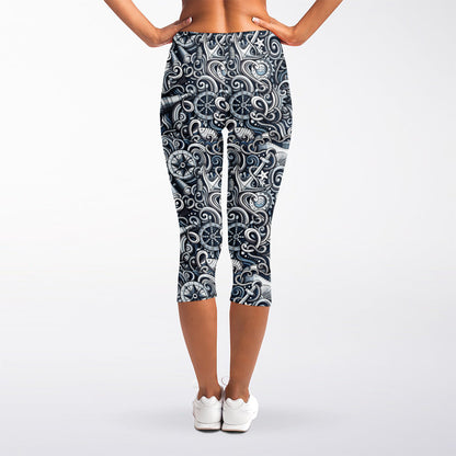 Abstract Nautical Anchor Pattern Print Women's Capri Leggings