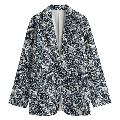 Abstract Nautical Anchor Pattern Print Women's Cotton Blazer