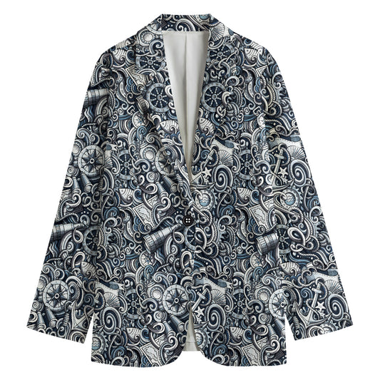 Abstract Nautical Anchor Pattern Print Women's Cotton Blazer