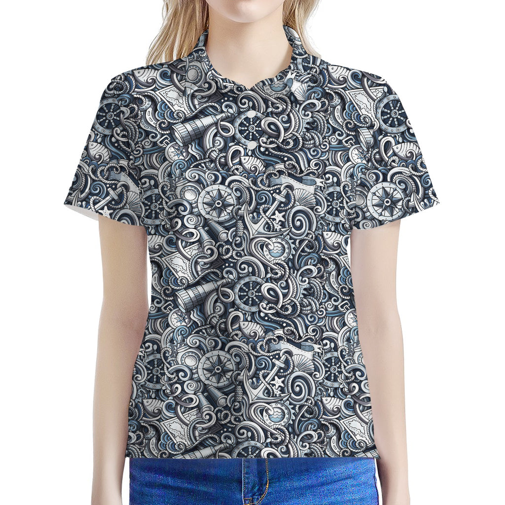 Abstract Nautical Anchor Pattern Print Women's Polo Shirt
