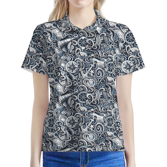 Abstract Nautical Anchor Pattern Print Women's Polo Shirt