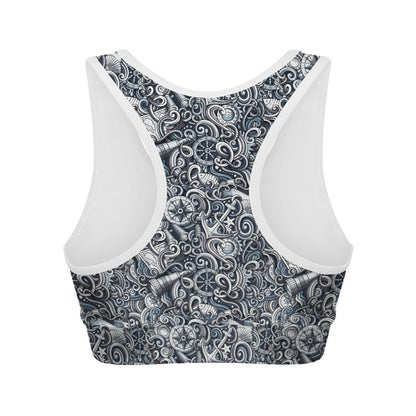 Abstract Nautical Anchor Pattern Print Women's Sports Bra
